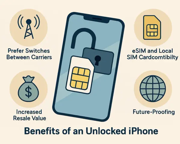 En bild som visar fördelarna med en upplåst iPhone, inklusive hur man kan låsa upp sim-kort iPhone för att byta operatör.