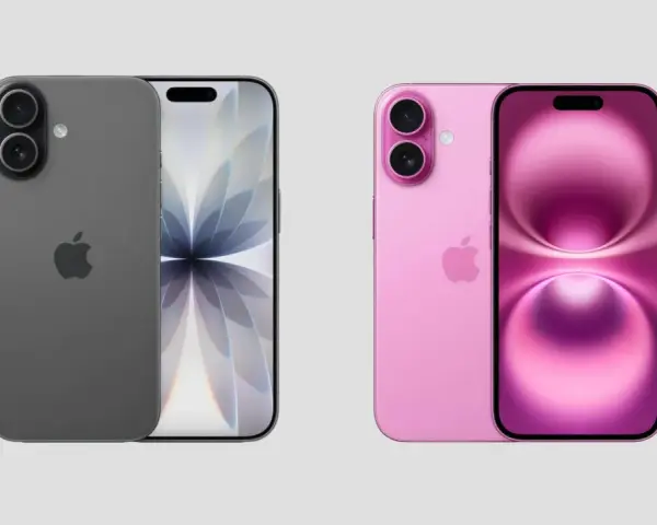 Två iPhones, en grå och en rosa, visas upp. Den grå har en skärm med ett abstrakt mönster. Den rosa visar en skärm med en mjuk, rundad design. Kanske en framtida iPhone 20?