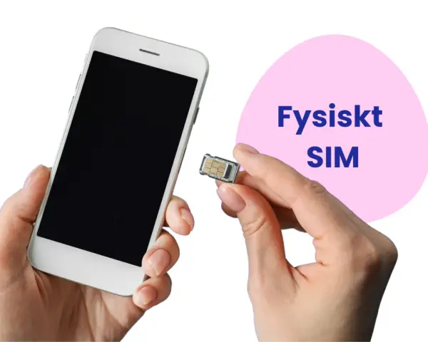 En hand håller en smartphone och ett SIM-kort. Texten "Fysiskt SIM" syns i en rosa cirkel. Perfekt för dig som behöver dubbla simkort.