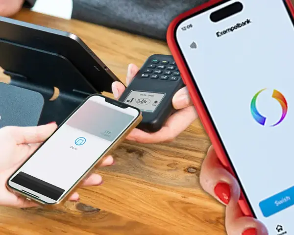 Betalning sker via mobil. En telefon visar "Done" och en annan har en bankapp med Swish-knapp.