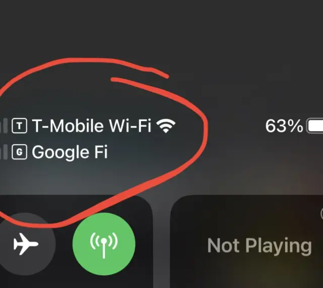 Telefonen visar T-Mobile Wi-Fi och Google Fi som tillgängliga nätverk för wifi samtal. Batteriet är på 63%.