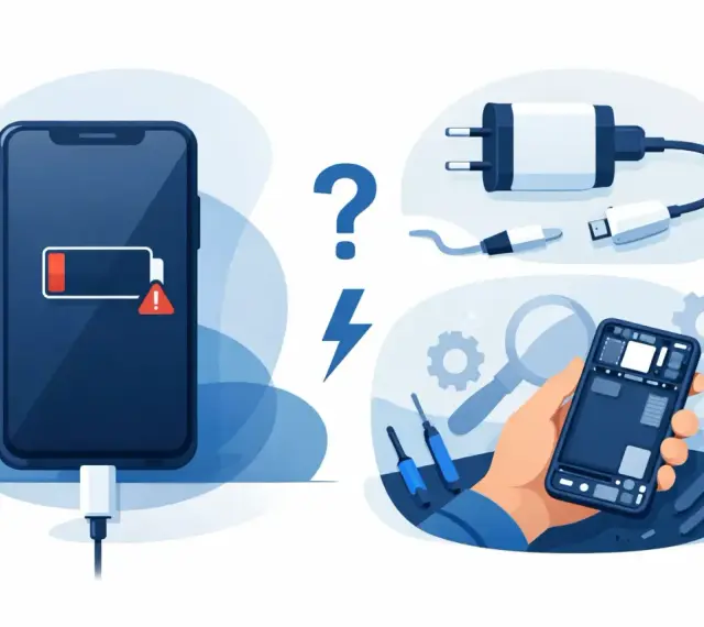 En mobil med lågt batteri och en varningstriangel. Bredvid syns laddare, verktyg och en öppen mobil, vilket antyder att mobilen laddar inte.