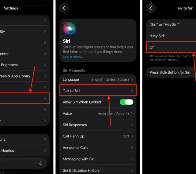 Inställningar för Siri. "Hej Siri" är avstängt.