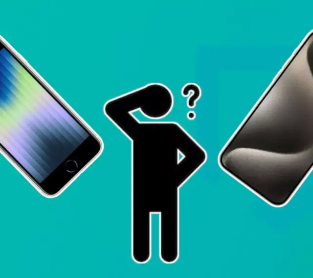 En person funderar vilken iOS jag har, med två iPhones som visar olika skärmar.