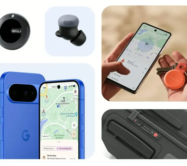 Hitta min mobil med hjälp av spårningsbrickor och kartor. En blå Pixel-telefon visar en karta, en hand håller en annan telefon med en spårningsbricka och nycklar.