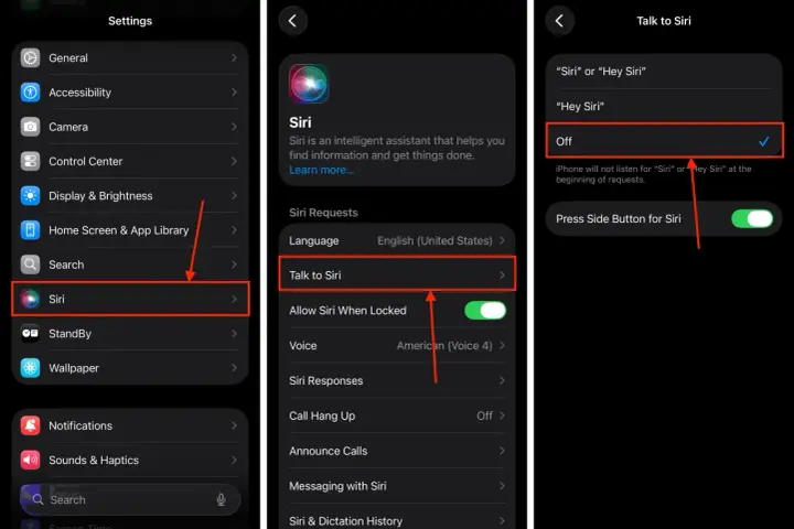 Inställningar för Siri. "Hej Siri" är avstängt.