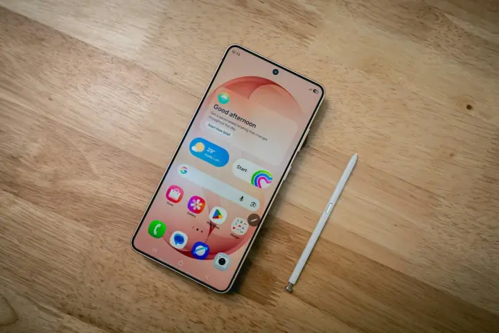 Samsung-telefon med stylus och simkort. En skärm visar "Good afternoon" och väder.