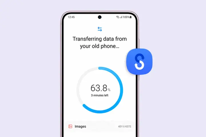 En Samsung-telefon visar dataöverföring från en gammal telefon. Appar och bilder flyttas, 63,8% klart.