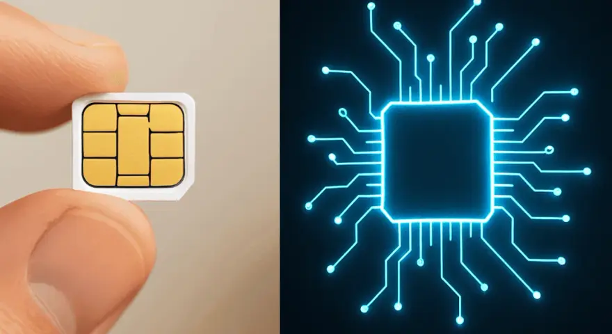 En tumme håller ett digitalt SIM-kort bredvid en lysande blå krets.