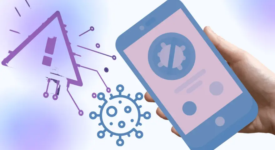 Varningstriangel med utropstecken och en virus-symbol på en Android-telefon. Skydda din enhet mot virus.
