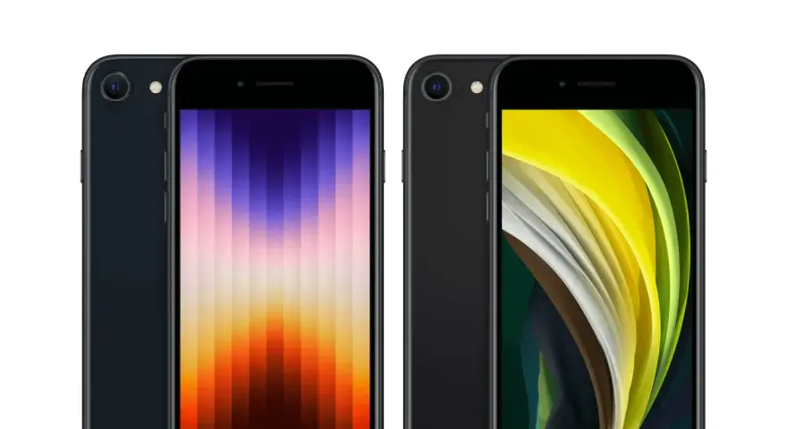 Två svarta iPhones, en med en färggrann bakgrund och en med en gulgrön bakgrund. Perfekt iphone se storlek för fickan.