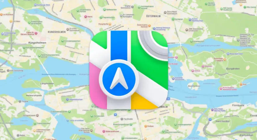 Apple kartor-ikonen svävar över en karta över Stockholm.