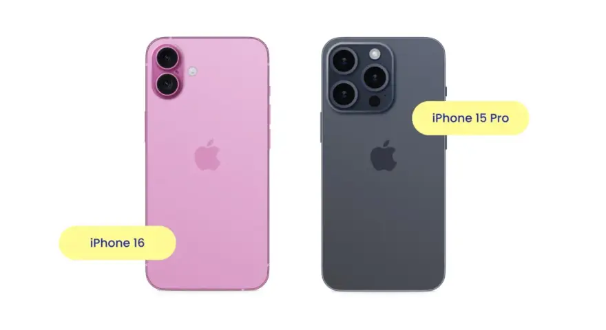 Två iPhones, en rosa iPhone 16 och en mörkgrå iPhone 15 Pro, visas sida vid sida. Perfekt för att kopiera iPhone till iPhone.