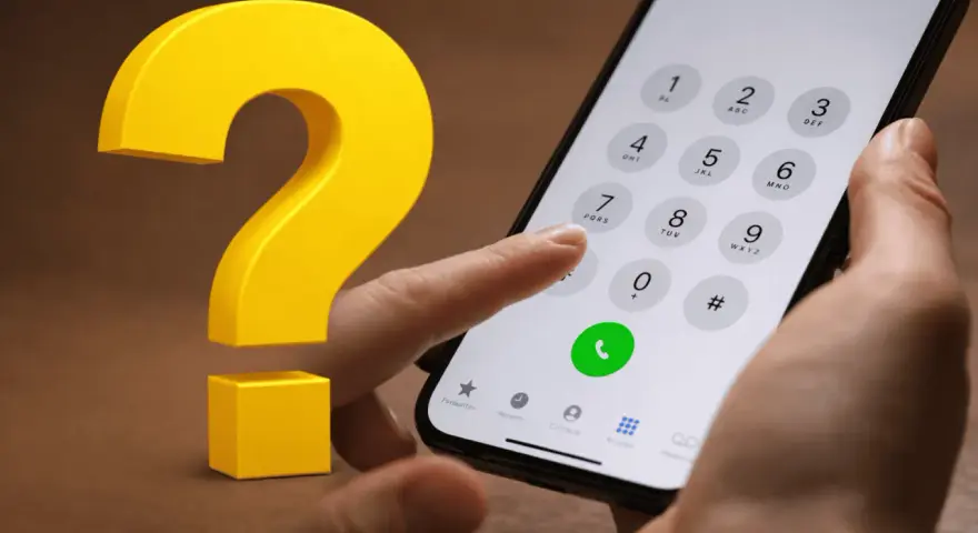 Hur gör man för att flytta simkort till ny mobil? En stor gul fråga och en hand som håller en telefon med knappsatsen framme.