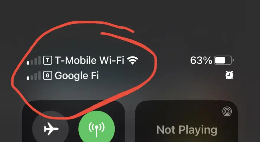 Telefonen visar T-Mobile Wi-Fi och Google Fi som tillgängliga nätverk för wifi samtal. Batteriet är på 63%.