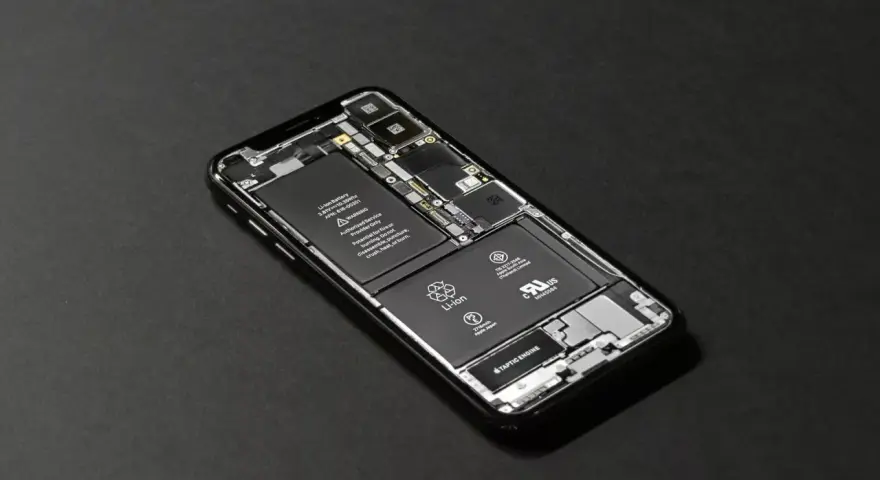 En öppen iPhone med synligt batteri och komponenter. För att spara batteri iPhone, se till att den är i gott skick.