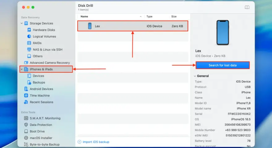 Disk Drill visar en iPhone som en iOS-enhet. Klicka på "Sök efter förlorad data" för att återställa raderade bilder iPhone.