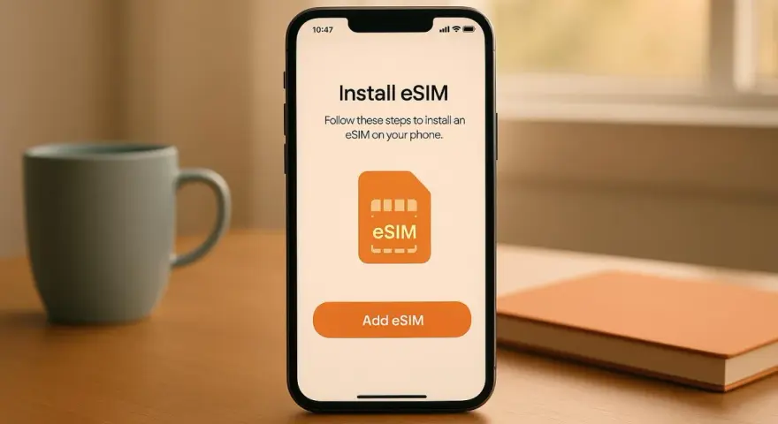 iPhone-skärm visar hur du installerar eSIM. En mugg och en anteckningsbok syns i bakgrunden.