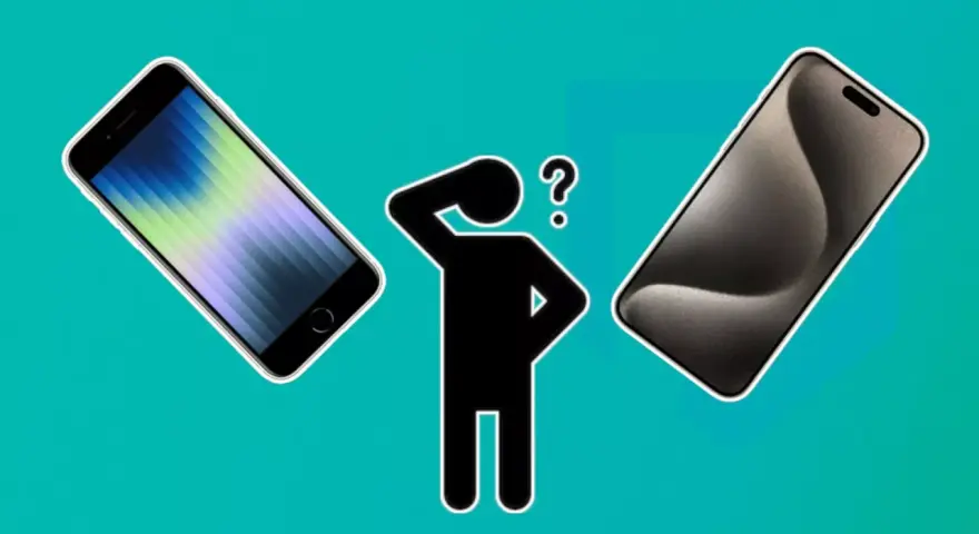 En person funderar vilken telefon har jag. Två iPhones, en äldre modell och en nyare, visas bredvid en tankfull figur.