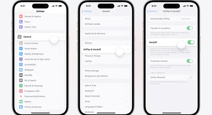 Urklipp från iPhone-inställningar visar AirPlay & Handoff. Här kan du aktivera Handoff för smidig övergång mellan enheter.