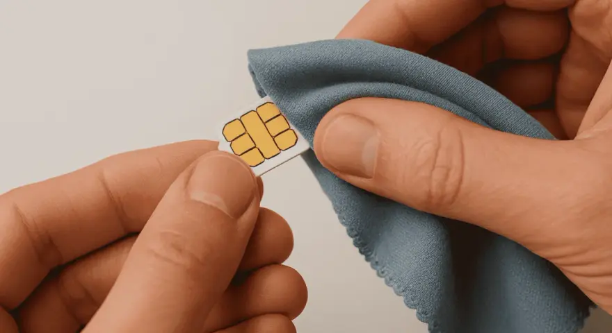 Händer som försiktigt putsar ett SIM-kort med en blå trasa. Enkel guide för hur man får ut simkortet.