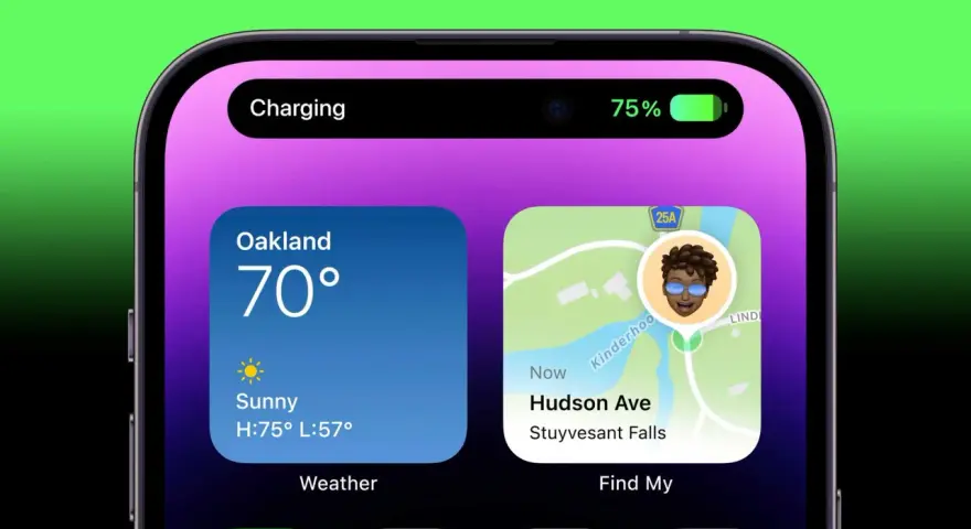 iPhone visar optimerad batteriladdning, 75% laddat. Vädret i Oakland är 70 grader och soligt.