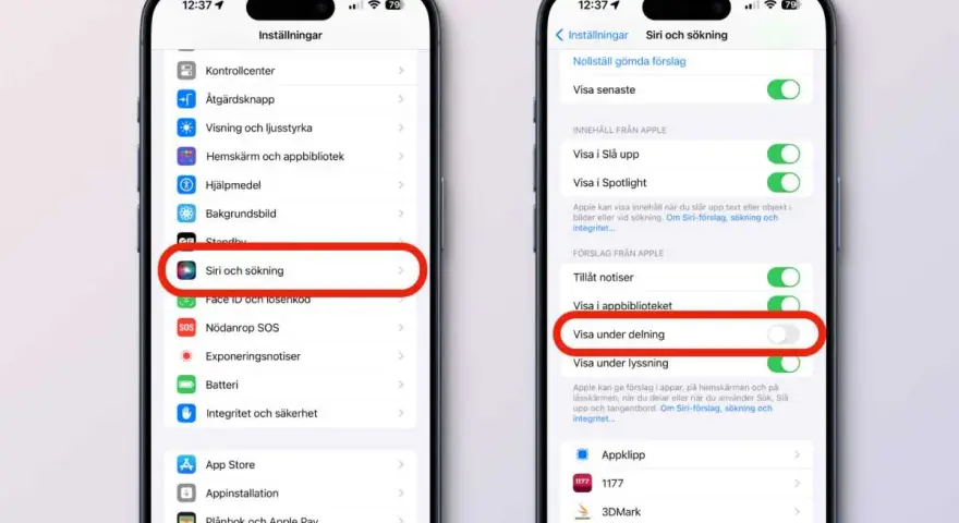 Inställningar på iPhone: Siri och sökning. Här kan du styra vad som visas vid sökning och delning, vilket kan underlätta när du vill importera kontakter iPhone.