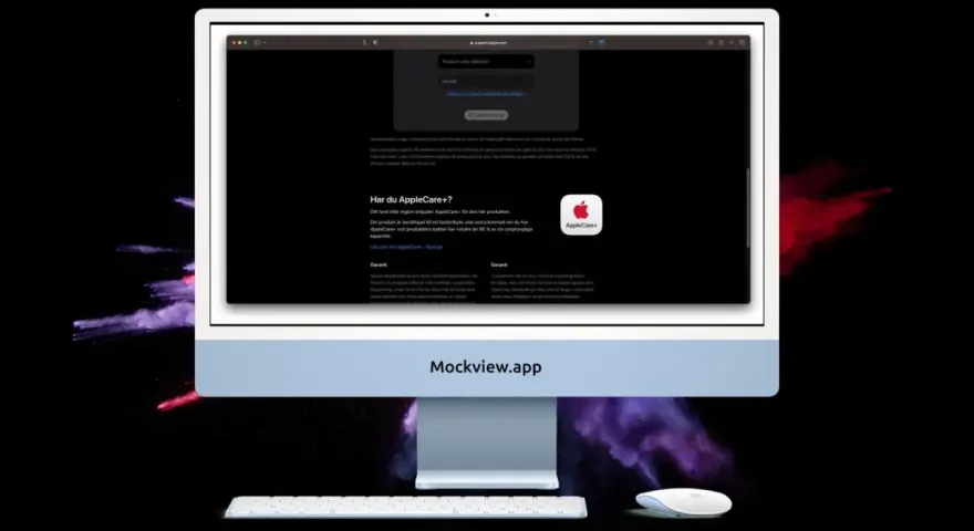 En iMac visar en webbsida om AppleCare+ och garanti för iPhone.