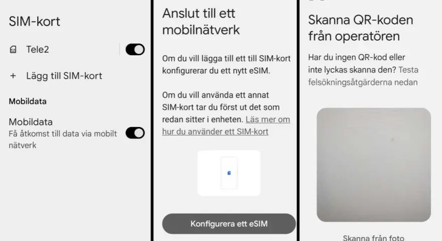 Inställningar för SIM-kort. Visar alternativ för att lägga till SIM-kort, konfigurera eSIM och skanna QR-kod från operatören.