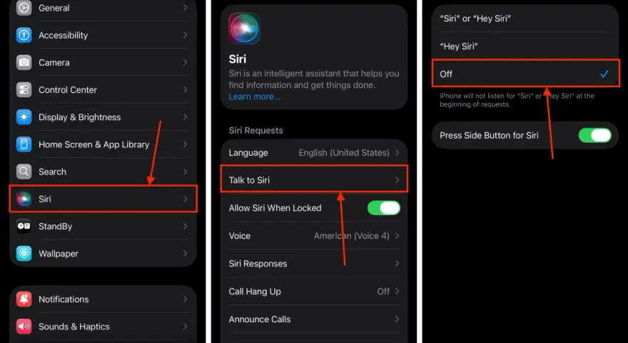 Inställningar för Siri. "Hej Siri" är avstängt.