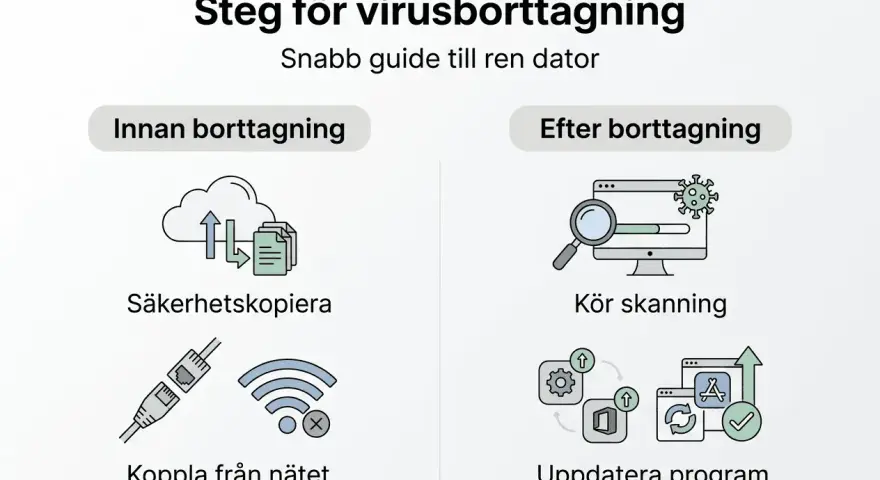 Guide för att trojan virus ta bort: säkerhetskopiera, koppla från nätet, kör skanning och uppdatera program.