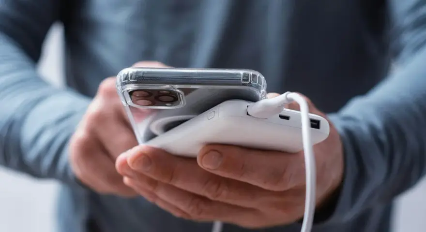 En person laddar sin mobiltelefon med en powerbank. Frågan "vad kostar det att ladda en mobiltelefon" är relevant när man använder en extern laddare.