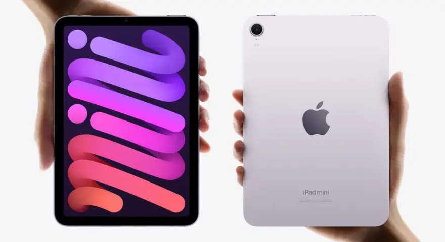Två händer håller varsin iPad mini. Den vänstra visar en färgstark bakgrund, den högra visar baksidan med Apple-loggan. Nya iPad generationer.