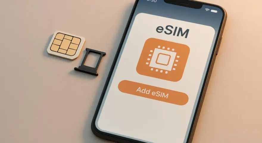 En telefon visar hur fungerar esim med en knapp för att lägga till. Bredvid ligger ett traditionellt SIM-kort och dess hållare.