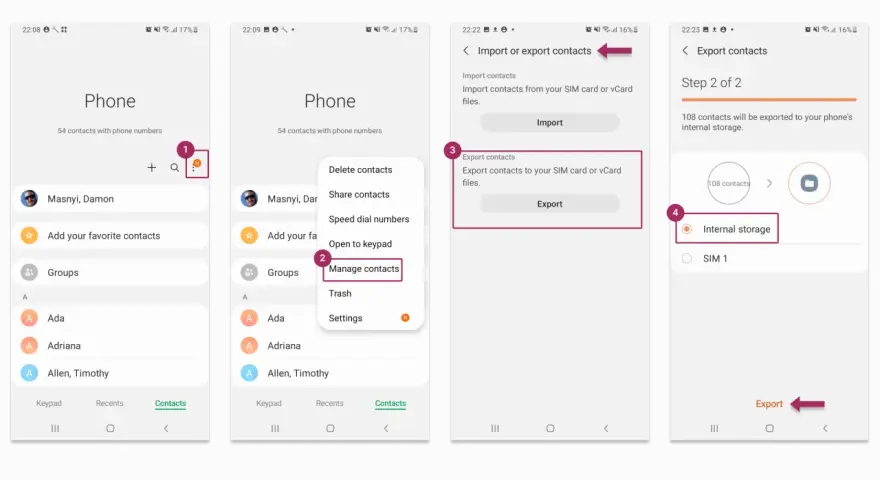 Steg för steg för att exportera kontakter från Android till intern lagring.