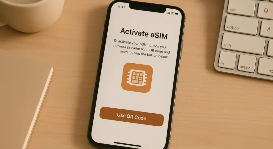 iPhone-skärm visar aktivering av eSIM. En knapp för att använda QR-kod syns.