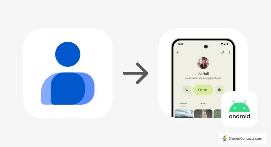 Enkel guide för att flytta kontakter från Android till iPhone. En ikon för kontakter övergår till en Android-telefon med kontaktinformation.