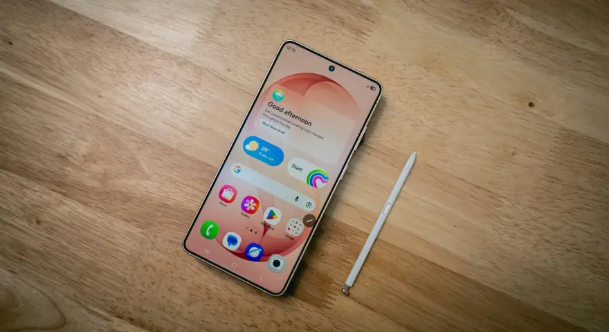 Samsung-telefon med stylus och simkort. En skärm visar "Good afternoon" och väder.