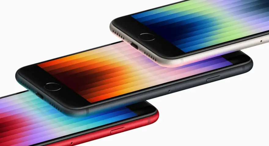 Tre iPhones i olika färger, alla med hemknapp, staplade på varandra.
