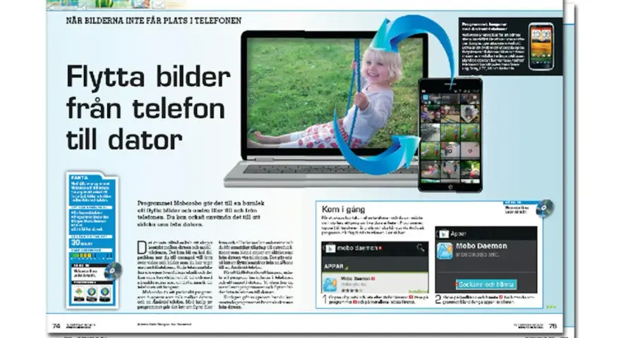 En guide för att flytta bilder från telefon till dator, med en glad flicka på en gunga som visas på en datorskärm.