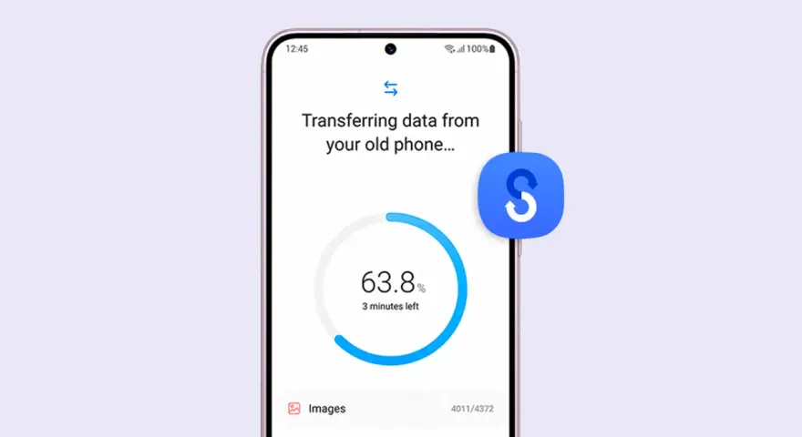 En Samsung-telefon visar dataöverföring från en gammal telefon. Appar och bilder flyttas, 63,8% klart.