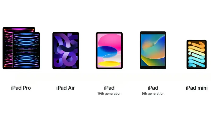 Jämförelse av iPads: Pro, Air, 10:e gen, 9:e gen och mini. Här ser du skillnad iPad och iPad Air.
