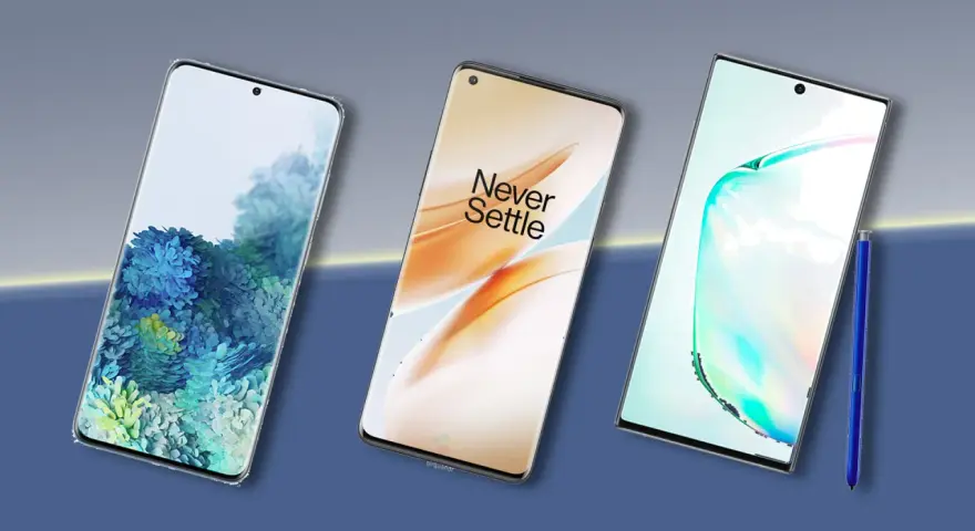 Tre moderna smartphones, en med blå blommor, en med "Never Settle" och en med stylus. Perfekt för att skicka bilder från iPhone till Android.