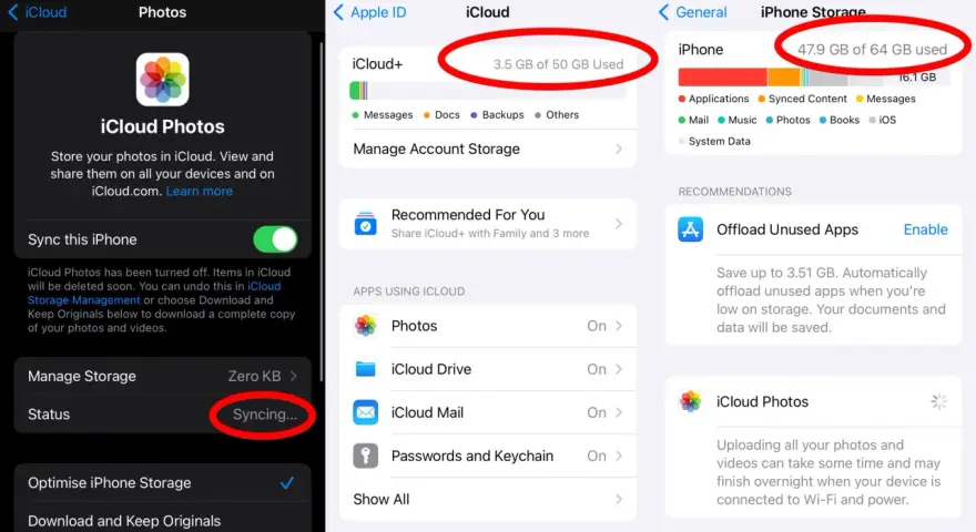 Inställningar för iCloud Photos visar att synkronisera iPhone med iPad pågår.