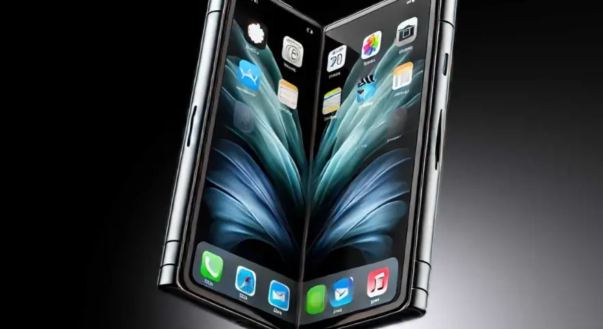 En futuristisk iPhone flip-telefon med två skärmar som visar ikonerna för appar.