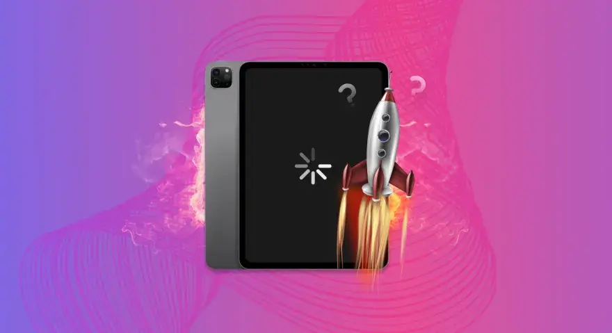 En raket skjuter upp från en iPad, som symboliserar att ipad batteri laddar ur snabbt.