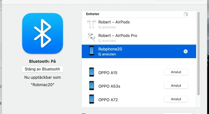 Bluetooth-inställningar visar hur du kan koppla iPhone till dator. Enheten "Robphone20" är listad men ej ansluten.