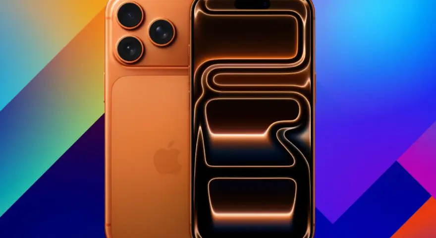 Orange iPhone 18 Pro med tre kameror på baksidan och en skärm med glödande linjer.