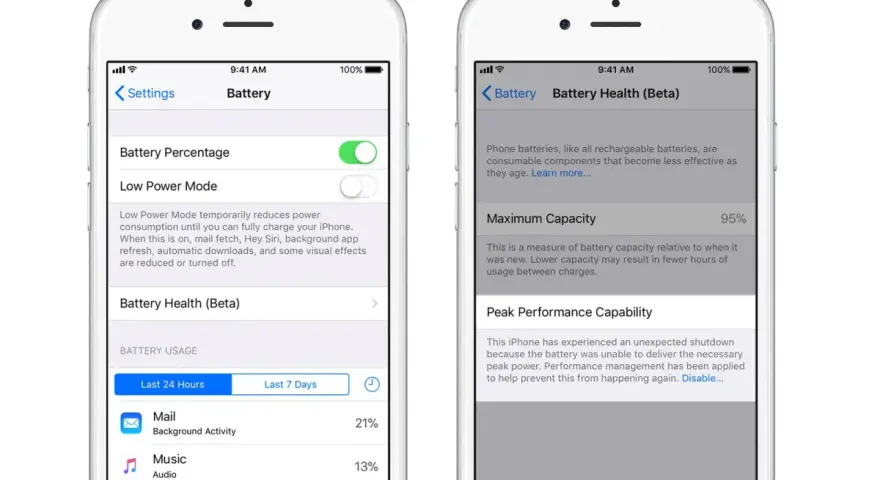 iPhone 11 batteri kapacitet visas som 95% maximal kapacitet. Inställningar för batterihälsa och strömsparläge.