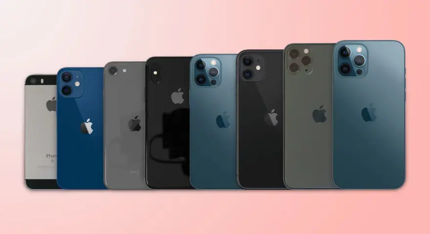 Rad av iPhones i olika färger och iphone storlekar, från SE till Pro Max-modeller.
